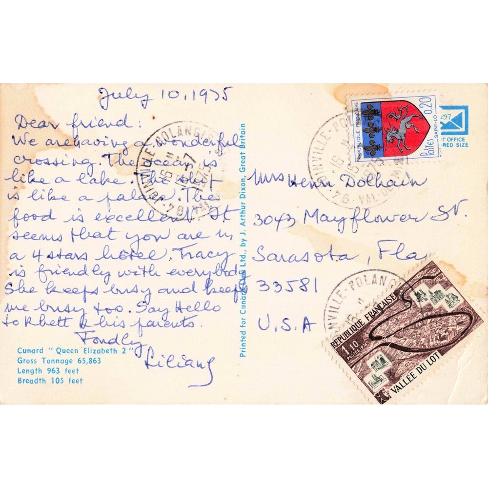 Vintage 1975 Cunard Queen Elizabeth 2 QE2 Postcard Postmarked Ocean Liner Ship - Picture 2 of 2